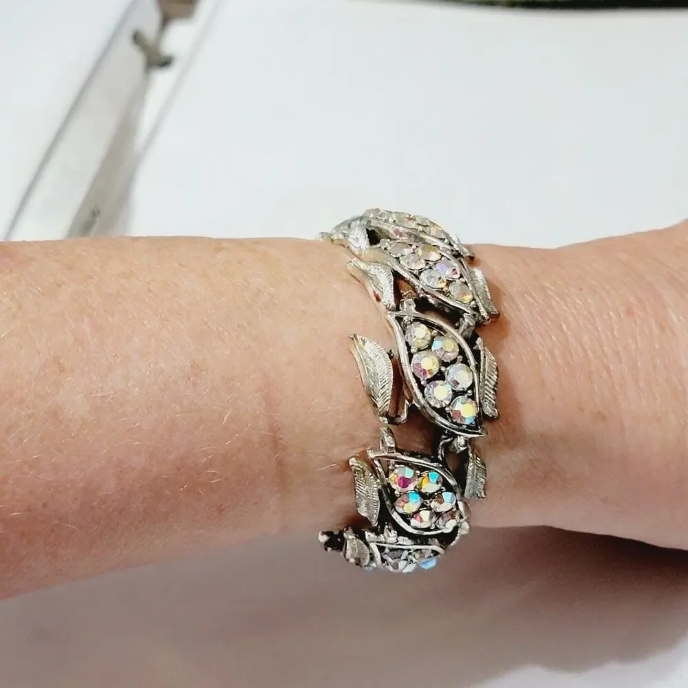 Coro AB Rhinestone Leaf Bracelet Silver Tone Mid Century 7